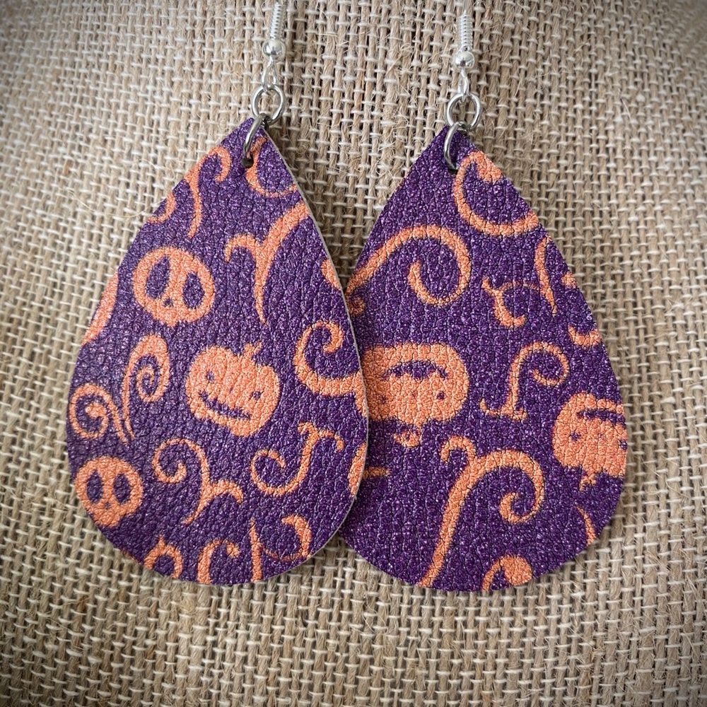 Festive and Spooky Faux Leather Teardrop Earrings